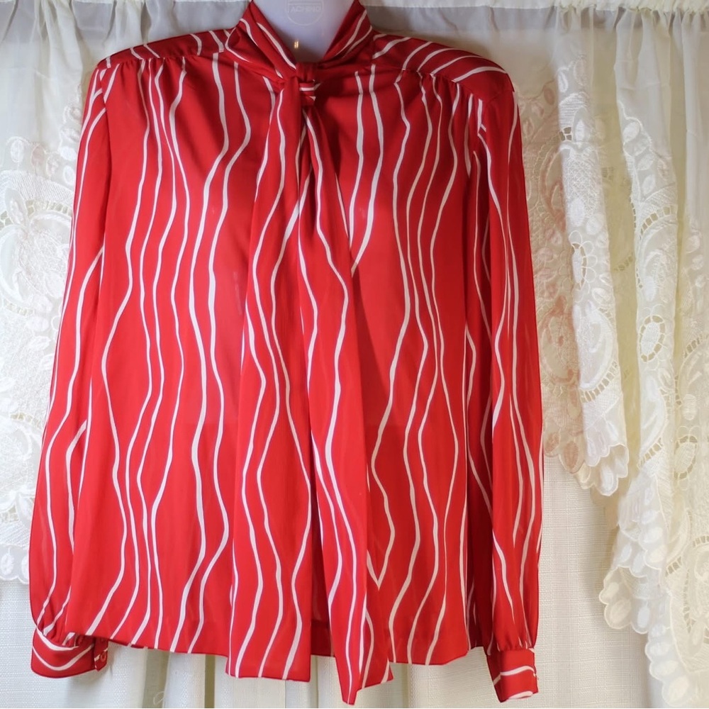 Vintage Sheer like Red Striped Women's Top with built in tie size 10 haberdasher